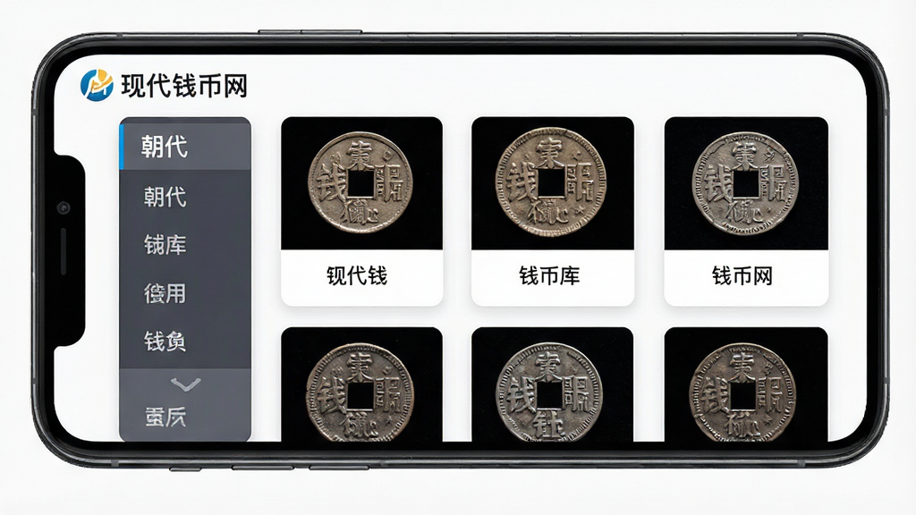 一张展示现代钱币网APP钱币图库功能的详细图片,主体是一个手机屏幕,屏幕上展示着分类清晰的钱币列表,左边是朝代分类栏,右边是钱币图片和名称,图片中的钱币细节清晰可见,风格是简约的卡片式布局,细节包括“现代钱币网”的Logo,画质高清,干净无多余元素