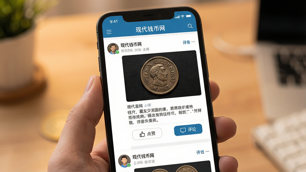 一张展示现代钱币网APP藏友交流圈子的详细图片,主体是一个手机屏幕,屏幕上显示着用户发布的帖子,包括钱币照片和文字描述,下方有点赞和评论按钮,布局是典型的信息流样式,风格是温暖的社区氛围,细节包括“现代钱币网”的界面元素,画质清晰,干净无多余元素