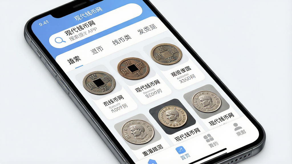 一张展示现代钱币网APP首页的详细图片,主体是一个智能手机屏幕,屏幕上显示着现代钱币网应用界面,布局清晰,顶部有搜索栏和分类标签,中间是各种古钱币、纪念币的缩略图网格,底部有导航栏,风格是干净现代的浅色扁平化设计,细节包括清晰的文字标签“现代钱币网”和圆润的图标,画质高清,干净无多余元素