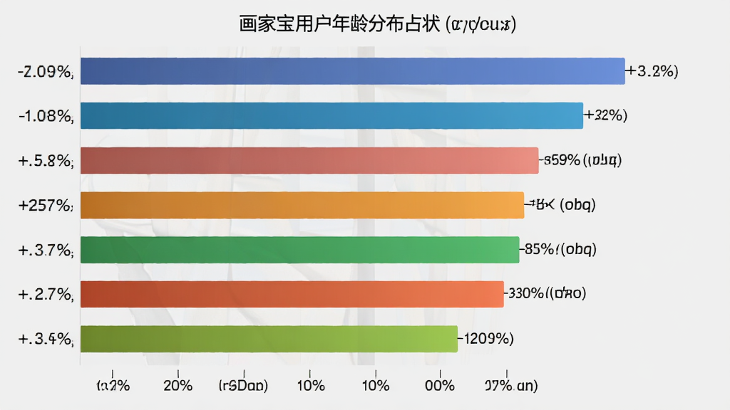 画家宝用户年龄分布柱状图,主体为柱状图表展示不同年龄段用户占比,布局为横向柱状排列,排版清晰,风格为数据可视化图表风,细节上柱子颜色渐变,标注百分比数字,背景为浅灰色,画质高清干净无多余元素