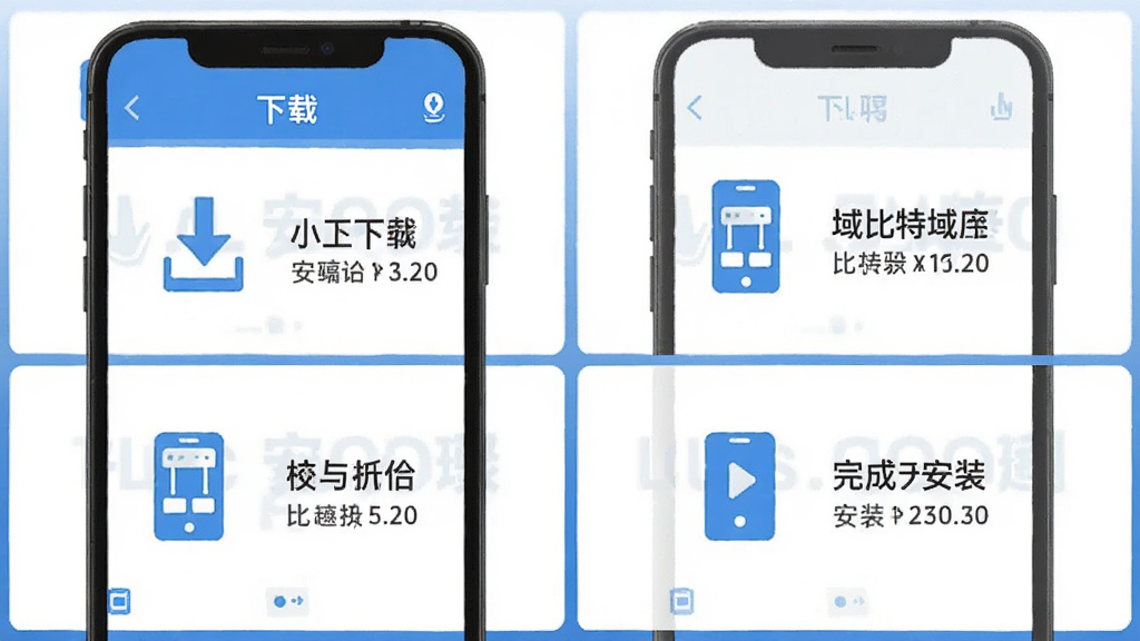 比特域 安装步骤示意图 手机屏幕展示从下载到安装完成的四个步骤 每个步骤有简洁图标和文字标注 扁平化教程风格 蓝白配色 画面清晰整洁