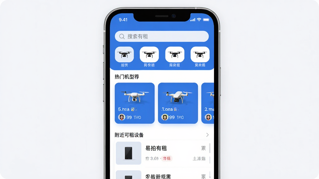手机屏幕展示“易拍有租”应用首页界面,上方是搜索栏和无人机分类图标,中间是热门机型推荐卡片,下方是附近可租设备列表,整体以蓝白配色为主,风格简洁现代,画质干净清晰,无多余元素