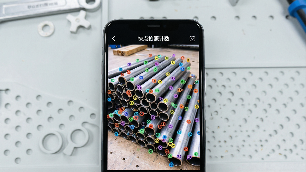 一张展示快点拍照计数软件核心界面的手机截图,画面中央是手机屏幕,屏幕里显示刚拍完的一堆钢管照片,上面密密麻麻标注了彩色计数圆点,顶部有「快点拍照计数」文字标识,背景是干净的浅灰色工作台,风格简洁现代,细节清晰,画质干净无多余元素
