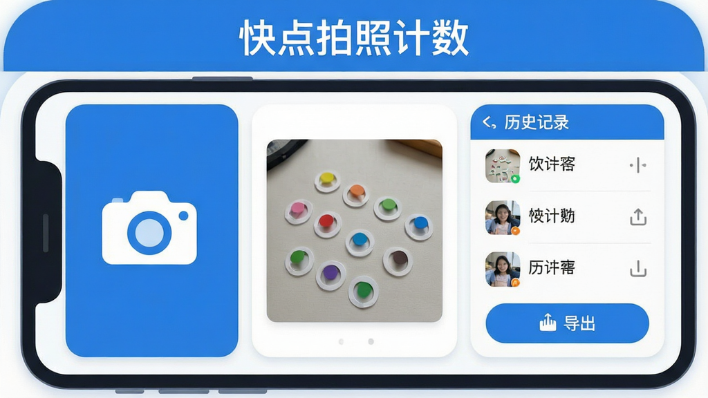 一张展示快点拍照计数软件功能界面的示意图,画面中手机屏幕被放大,屏幕内展示三个功能模块:左侧是相机拍照图标,中间是带彩色标记点的物品照片,右侧是历史记录列表和导出按钮,屏幕上方有「快点拍照计数」文字,整体风格扁平化,蓝白配色,布局清晰,细节圆润,画质干净无多余元素