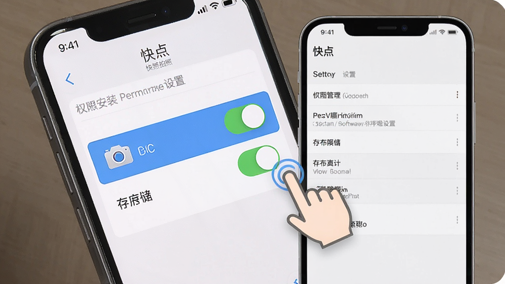 一张展示快点拍照计数软件在手机上安装和权限设置的示意图,画面中手机屏幕显示权限管理页面,有相机和存储两个权限开关被高亮标注,旁边有手指点击的图标,背景是简洁的手机设置界面,风格写实,细节清晰,画质干净无多余元素