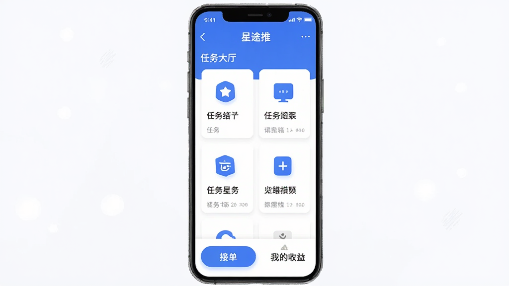 手机应用界面展示,画面中央是一部智能手机,屏幕上显示