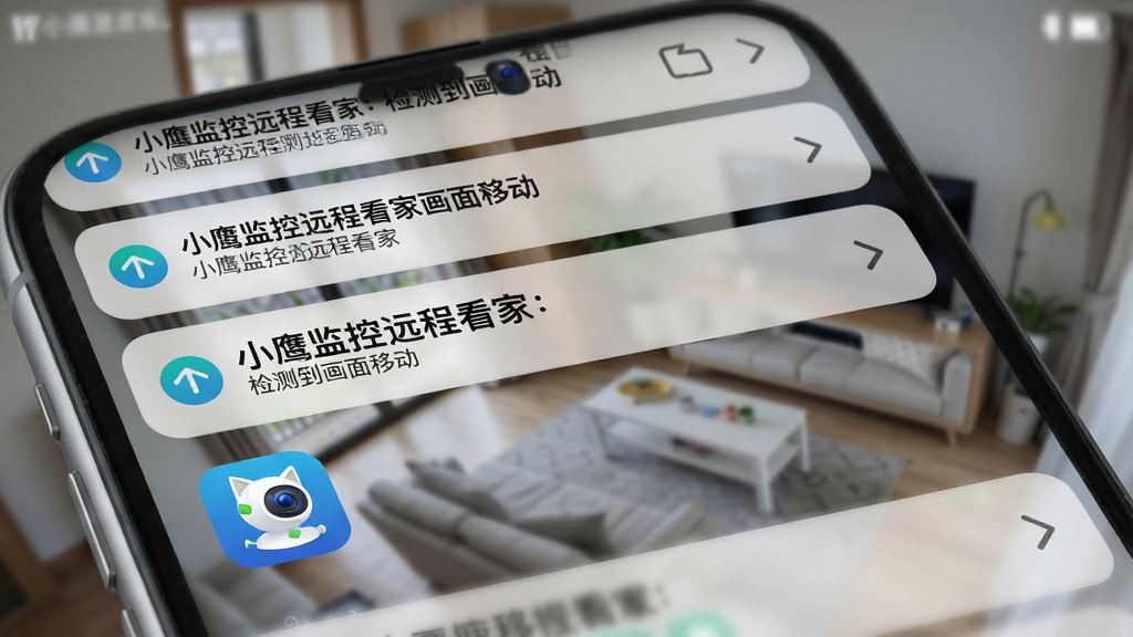 一张手机通知栏特写图片,手机屏幕上方弹出多条通知,显示“小鹰监控远程看家:检测到画面移动”,通知下方是APP的图标。手机背景是模糊的室内监控画面。风格是写实UI展示图,细节清晰,文字“小鹰监控远程看家”醒目,画质干净,无多余元素。