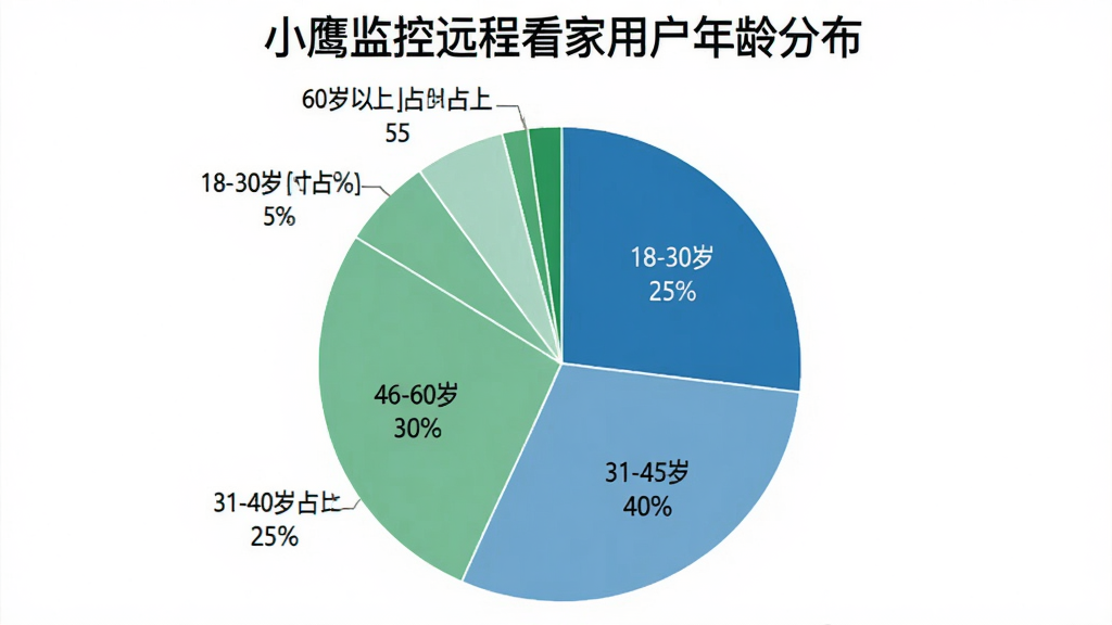 一张饼状图,标题为“小鹰监控远程看家用户年龄分布”,图表显示18-30岁占比25%,31-45岁占比40%,46-60岁占比30%,60岁以上占比5%。饼图颜色使用不同深浅的蓝色和绿色区分,风格简洁清晰,数据标签明确,画质干净,无多余元素。