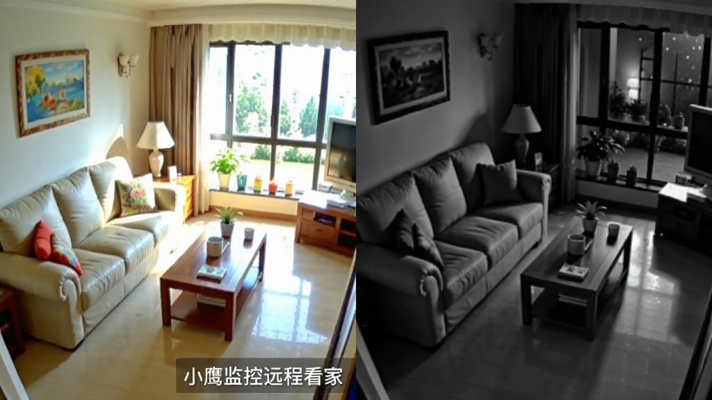 一张对比图,左边是白天光线充足的客厅监控画面,色彩鲜艳清晰,右下角有“小鹰监控远程看家”水印。右边是夜晚关灯后的同角度监控画面,呈现清晰的黑白夜视效果,能看清沙发和茶几轮廓。风格是写实对比图,画质干净,无多余元素。