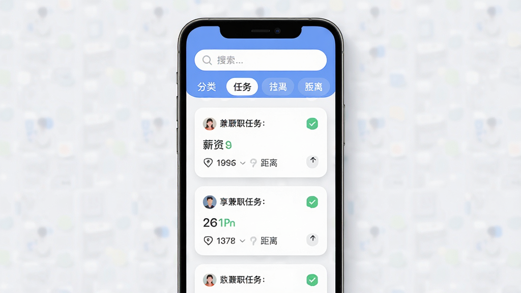 享兼职APP首页界面展示,主体为手机屏幕中显示兼职任务列表,布局上方是搜索栏和分类标签,中间是卡片式任务展示包含薪资和距离信息,排版采用上下滑动信息流,风格为现代扁平化设计,细节上圆角卡片和柔和阴影,画质清晰干净无多余元素