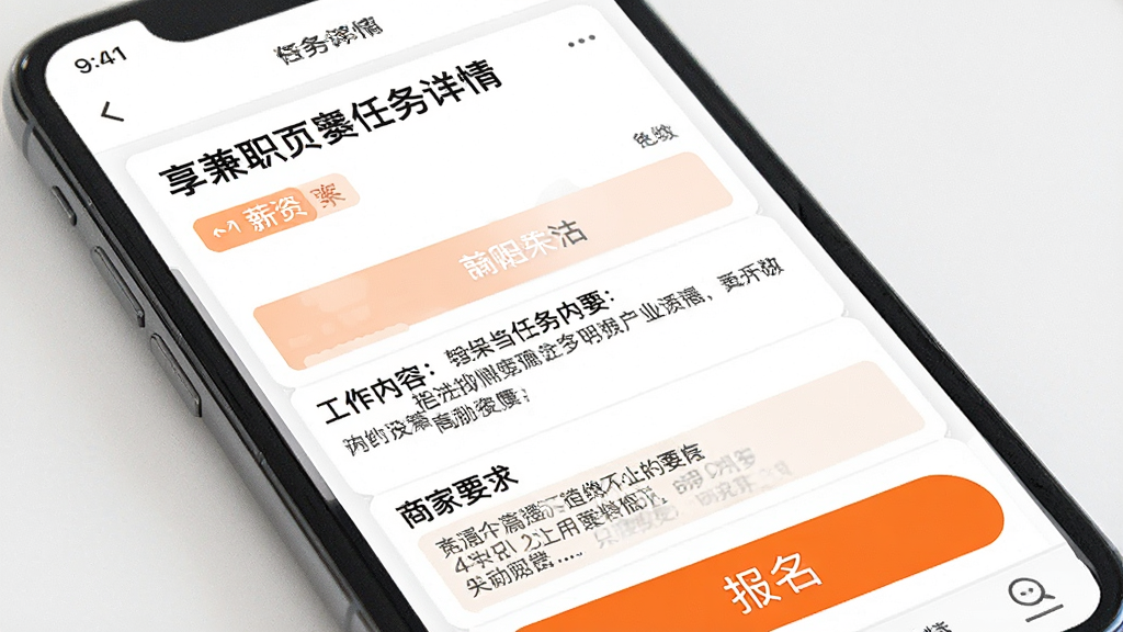 享兼职APP任务详情页面截图,主体为手机屏幕显示任务描述和报名按钮,布局上方是任务标题和薪资标签,中间是工作内容详情和商家要求,排版为纵向信息流,风格简洁商务,细节上按钮突出显示为橙色,画质清晰干净无多余元素