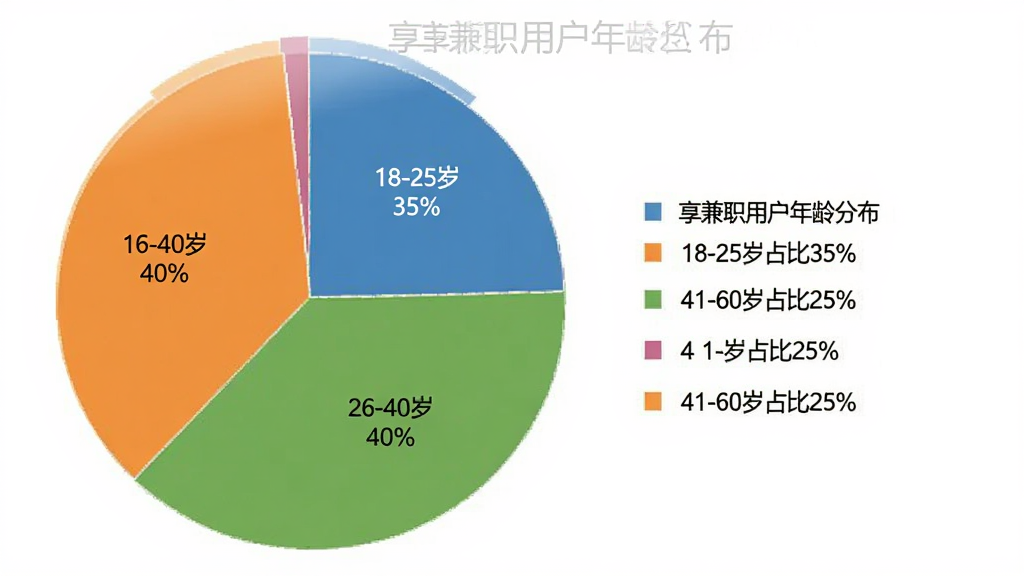 享兼职用户年龄分布饼状图,主体为圆形饼图展示不同年龄段占比,布局左侧为饼图右侧为图例说明,排版清晰直观,风格为商务数据可视化,细节上颜色区分明显标注18-25岁占比35%、26-40岁占比40%、41-60岁占比25%,画质清晰干净无多余元素