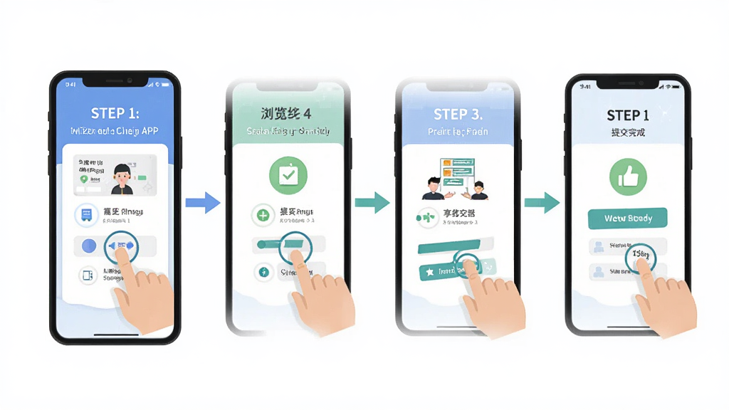 享兼职APP任务报名流程示意图,主体为手机屏幕显示从浏览任务到提交完成的四个步骤,布局为横向流程图排列,排版清晰标注每一步操作,风格为扁平化插画风,细节上手指点击图标和进度提示明确,画质清晰干净无多余元素