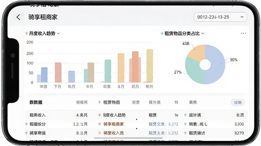 一张展示“骑享租商家”应用内数据统计页面的手机界面,画面中以柱状图和饼状图展示月度收入趋势和租赁物品分类占比,图表颜色柔和清晰,下方有详细的数据列表,顶部有日期筛选按钮,整体风格现代扁平,画质干净无多余元素。