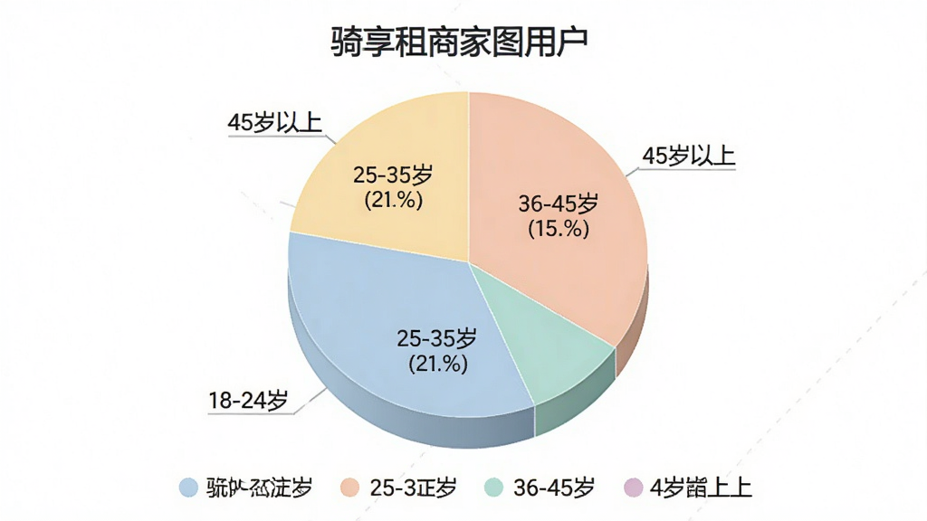 一张展示“骑享租商家”用户年龄分布的饼状图,图表分为四个扇形区域,分别标注“18-24岁”、“25-35岁”、“36-45岁”、“45岁以上”,每个区域有对应的百分比数值,配色柔和清晰,下方有图例说明,整体风格简洁专业,画质干净无多余元素。