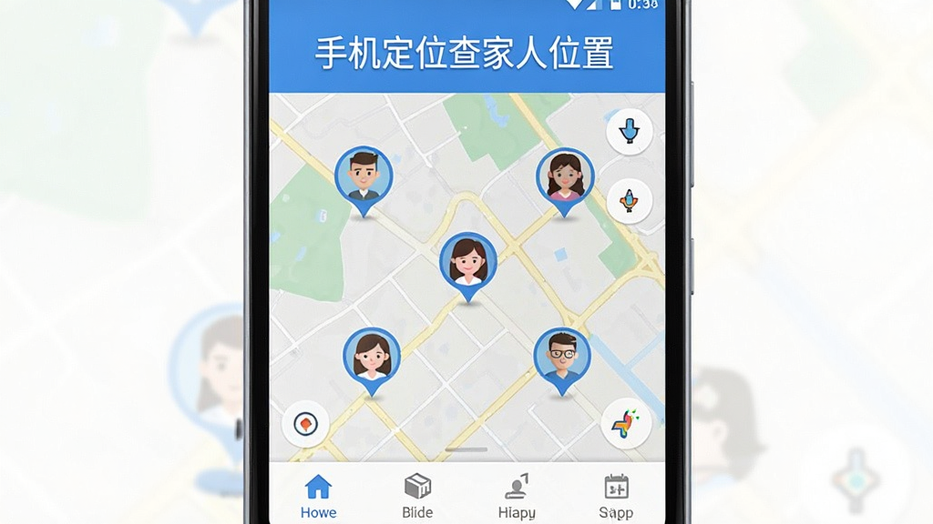 手机定位查家人位置软件主界面展示,画面中央是一部安卓手机,屏幕上显示着地图界面和多个家庭成员头像图标分布在地图不同位置,界面采用蓝白配色,顶部有“手机定位查家人位置”文字标题,底部有功能选项卡,整体风格清新简洁,画质干净,无多余元素