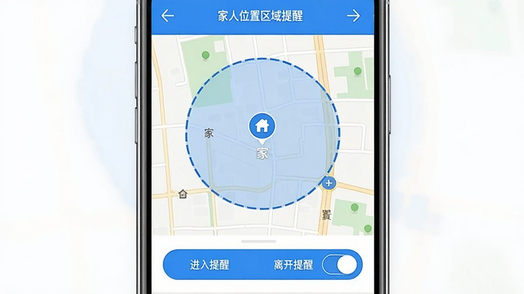 手机定位查家人位置安全区域提醒设置界面,画面中手机屏幕显示地图上画了一个圆形区域,区域中心有“家”的图标,下方有“进入提醒”和“离开提醒”的开关按钮,界面简洁,蓝白配色,画质干净,无多余元素