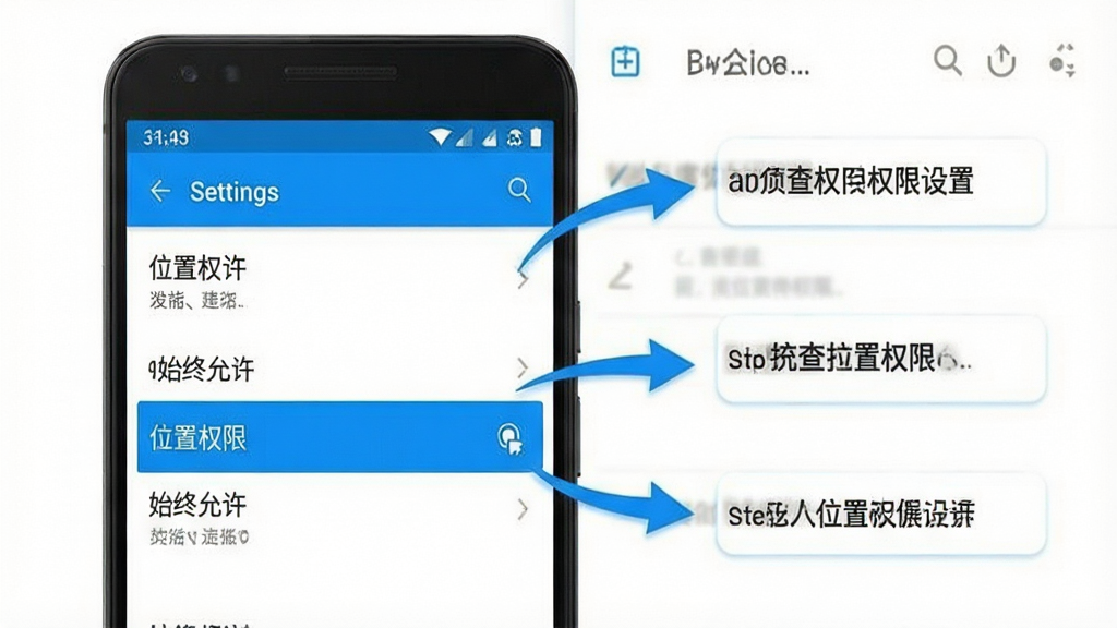 手机定位查家人位置权限设置步骤示意图,画面中一部安卓手机显示设置界面,高亮标注“位置权限”和“始终允许”选项,旁边有箭头指示操作步骤,界面风格简洁,蓝白色调,画质清晰,无多余元素
