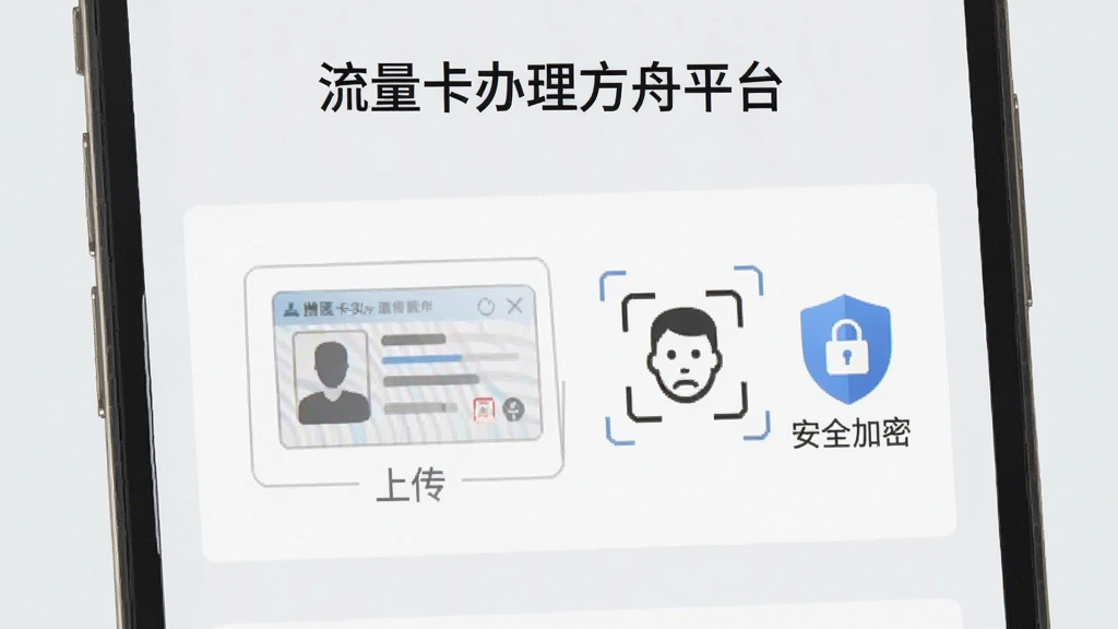 一张手机界面截图,画面中显示“流量卡办理方舟平台”的实名认证页面,页面中央有身份证上传框和人脸识别图标,旁边有“安全加密”的盾牌标志,背景是浅灰色,风格简洁商务,排版清晰,画质干净,无多余元素
