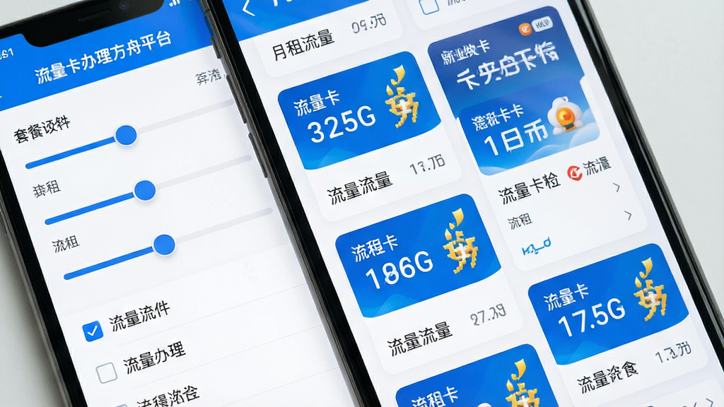一张手机屏幕特写,画面中显示“流量卡办理方舟平台”的套餐筛选界面,左侧是筛选条件滑块和勾选框,右侧是瀑布流展示的流量卡套餐卡片,每张卡片上标注月租、流量和运营商Logo,整体风格清爽,蓝白配色,排版整齐,画质干净,无多余元素