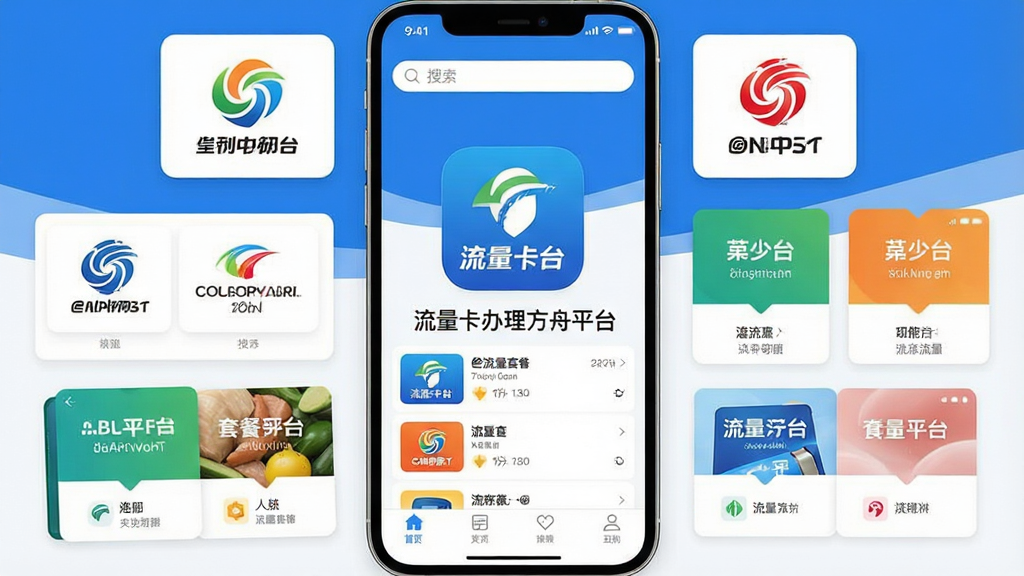 一张手机应用界面截图,画面中央醒目显示“流量卡办理方舟平台”应用图标和名称,背景是简洁的蓝白配色,周围环绕着三大运营商Logo和各类流量套餐卡片,界面布局清晰,顶部有搜索框,中间是套餐列表,底部有导航栏,风格现代扁平,画质干净,无多余元素