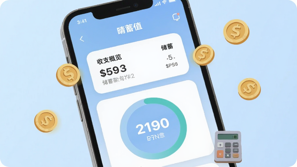 手机屏幕正面展示“晴蓄值”应用主界面,背景是柔和的浅蓝色渐变,屏幕中央是简洁的收支概览卡片和圆形储蓄进度条,数字用白色粗体显示,周围散落着几枚卡通风格的金币和计算器图标,整体风格清新扁平,画质干净明亮,无多余装饰元素