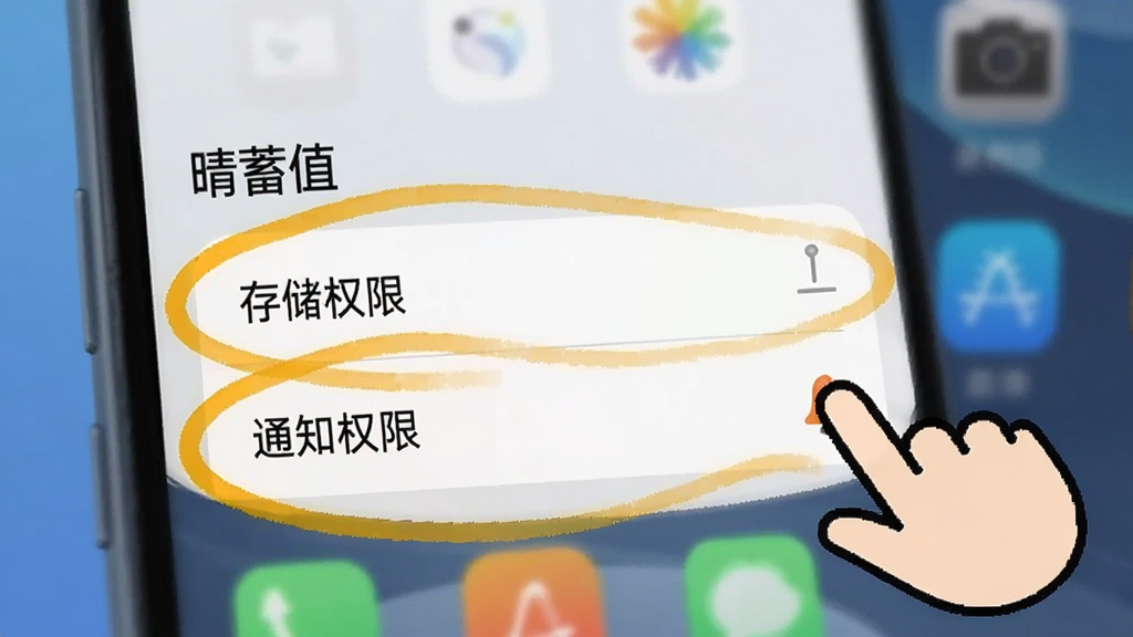 手机界面截图风格插图,展示“晴蓄值”的设置页面,其中“存储权限”和“通知权限”两个选项被高亮圈出,旁边有手指图标指向它们,背景是模糊的手机桌面,画质清晰,无多余元素