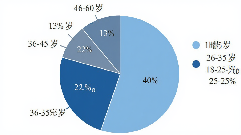 饼状图,展示“晴蓄值”用户年龄分布,18-25岁占比25%,26-35岁占比40%,36-45岁占比22%,46-60岁占比13%,图表颜色分别为浅蓝、天蓝、深蓝、灰蓝,背景白色,数据标签清晰,画质干净,无多余元素