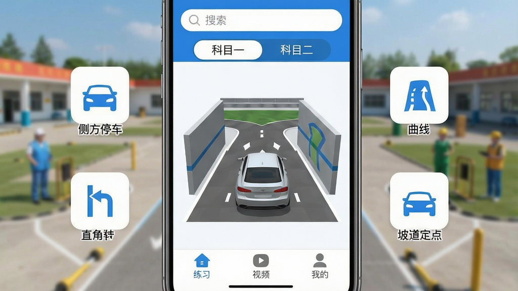 һ���ֻ���Ļչʾ�ݿ������Ŀ��APP�����棬���������ǵ�������3Dģ��ʾ��ͼ����Χ�����Ų෽ͣ����������ʻ��ֱ��ת�䡢�µ����������Ŀ��ͼ�꣬������������Ϳ�Ŀһ��Ŀ���л���ǩ���ײ�����ϰ����Ƶ���ҵ�����������ť�������Ǽ�Уѵ����ʵ���黯������ִ���ƽ��������ɫ�������ʸɾ��������޶���Ԫ��