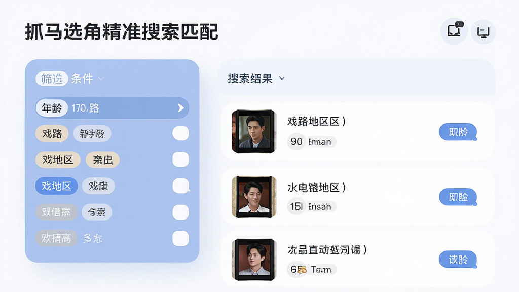 抓马选角精准搜索匹配界面,展示筛选条件选项和搜索结果列表,包含年龄戏路地区等标签,风格现代扁平,细节圆润,画质干净,无多余元素