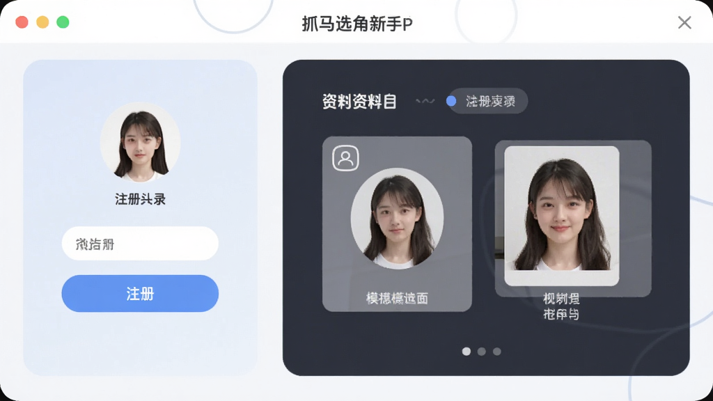 抓马选角新手操作界面截图,展示注册登录流程和资料填写页面,包含头像上传和模卡照片区域,风格现代扁平,细节圆润,画质干净,无多余元素