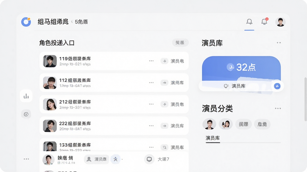 抓马选角软件主界面全貌展示,包含组讯通告列表、角色投递入口、演员库分类标签,排版清晰简洁,风格现代扁平,细节圆润,画质干净,无多余元素