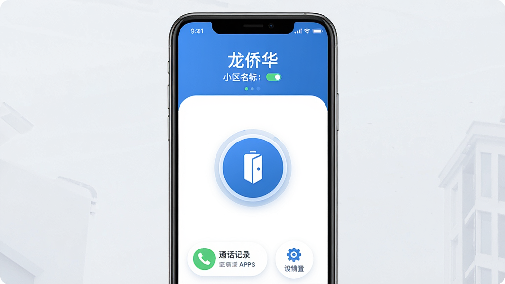 一张展示龙侨华APP核心功能的手机界面图,主体是一部现代智能手机,屏幕中央显示“龙侨华”开门界面,布局简洁,顶部是小区名称和连接状态,中间一个醒目的圆形开门按钮,底部是通话记录和设置图标。风格为科技感扁平化设计,蓝色与白色为主色调,细节精致圆润,画质高清干净,无多余元素。