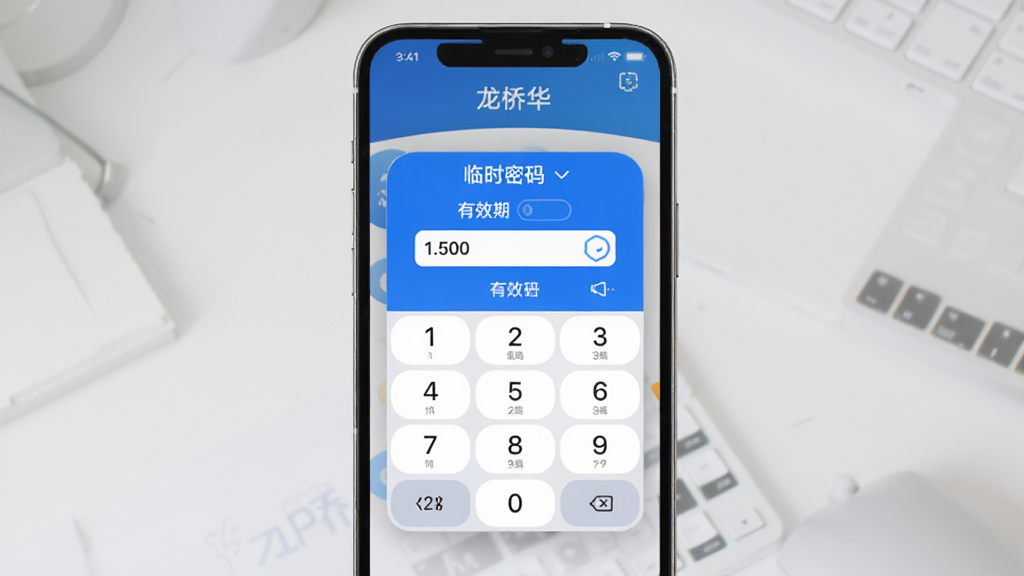 龙侨华APP临时密码生成界面图,主体为手机屏幕,画面中央显示一个带有数字键盘的密码生成弹窗,上方标注“临时密码”和有效期选项。布局简洁,风格干净清爽,色彩以蓝色和白色为主,细节圆润,画质高清,干净无多余元素。