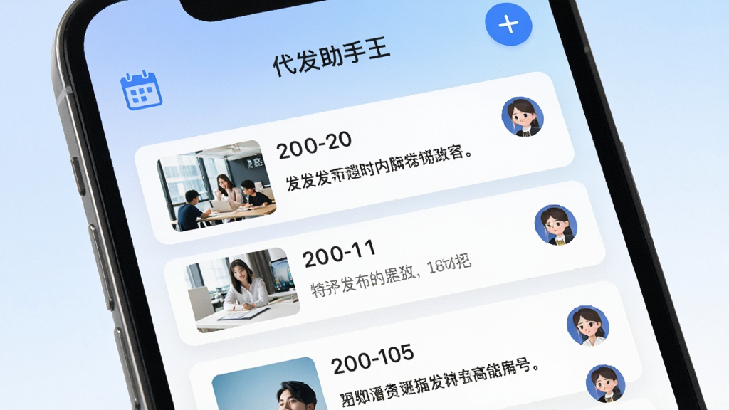 代发助手王定时发布功能界面特写,手机屏幕显示代发助手王APP的定时任务列表,列表中排列着不同时间点的待发布内容卡片,每张卡片上有图片缩略图、文案预览和账号头像,顶部有日历图标和加号按钮,背景是柔和的蓝白渐变,风格简洁商务,画质清晰,文字标签明确,无多余元素