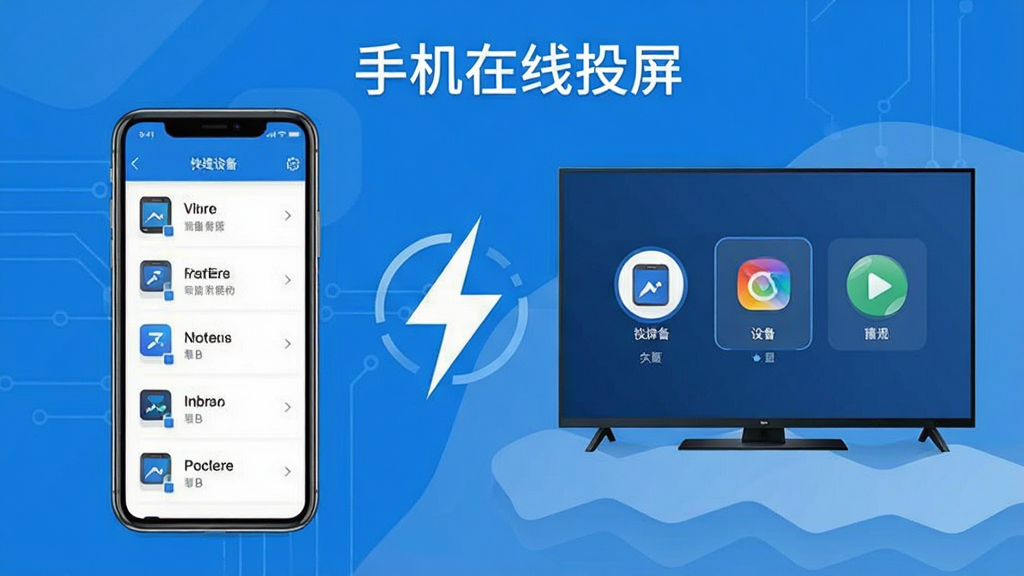 手机在线投屏快速连接功能展示,画面左侧是手机屏幕显示设备列表,右侧是智能电视屏幕显示已连接状态,中间用闪电符号表示快速连接,布局左右对称,风格科技感扁平化,蓝白色调为主,细节清晰锐利,画质干净无多余元素,图片中带有“手机在线投屏”文字