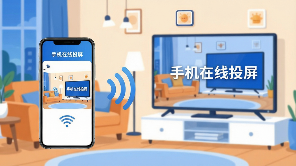 手机在线投屏软件主界面全貌展示,画面中央是一部智能手机和一台智能电视通过无线信号连接,手机屏幕镜像投射到电视大屏上,背景是温馨的客厅环境,整体布局简洁清晰,蓝白配色为主色调,风格现代扁平化,细节圆润干净,画质高清无多余元素,图片中带有“手机在线投屏”文字标识