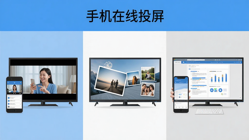 手机在线投屏多场景应用展示,画面分为三个区域分别展示视频投屏、照片投屏和文档投屏场景,每个区域都有对应的手机和电视屏幕示意,布局三栏并列,风格清新扁平化,蓝白灰配色,细节明确,画质干净无多余元素,图片中带有“手机在线投屏”文字