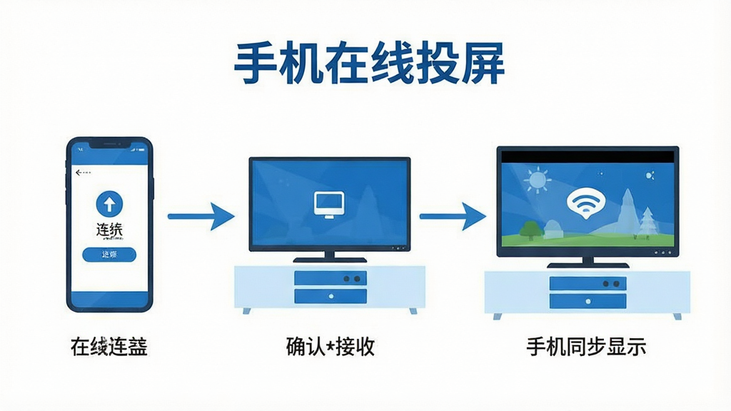 手机在线投屏操作步骤示意图,画面展示手机和电视连接同一WiFi后投屏成功的完整流程,包含手机端点击连接、电视端确认接收、画面同步显示三个步骤,布局从左到右递进式排列,风格简洁明快的扁平化设计,蓝白配色,细节清晰,画质干净无多余元素,图片中带有“手机在线投屏”文字