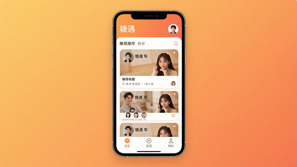 糖遇App主界面全貌展示,画面中央是手机屏幕,屏幕内显示糖遇App的首页,顶部有“糖遇”字样和用户头像,中间是推荐用户卡片瀑布流,底部有消息、发现、我的三个导航按钮,背景是温馨的暖色调渐变,风格现代扁平,细节圆润,画质干净无多余元素