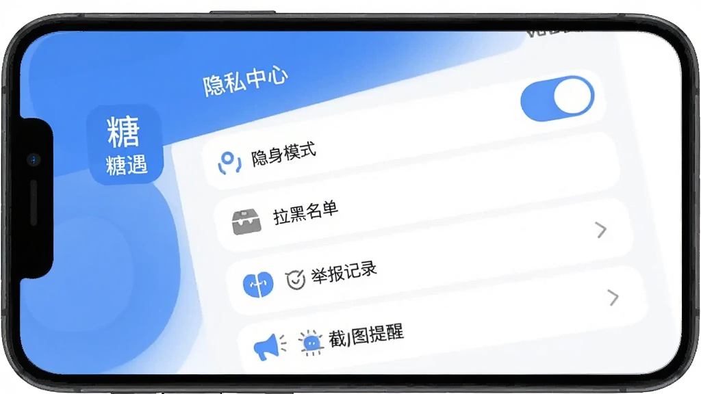 糖遇App隐私设置页面,手机屏幕显示“糖遇”隐私中心界面,包含隐身模式开关、拉黑名单、举报记录、截图提醒等选项,界面以蓝白色调为主,图标简洁,布局清晰,风格现代扁平,画质干净无多余元素