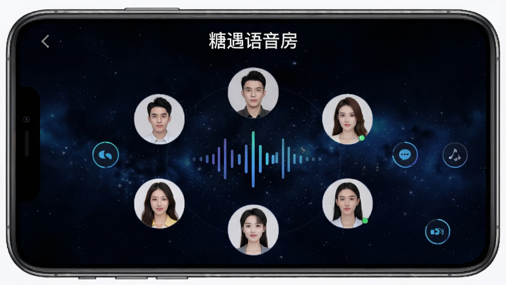 糖遇App语音互动界面,画面中一部手机横屏显示多人语音房间,房间内有六个用户头像围成一圈,中间是声波跳动动画,屏幕上方显示“糖遇语音房”字样,背景是深色星空风格,整体布局清晰,风格科技感,画质干净无多余元素