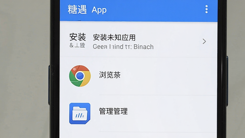 糖遇App在安卓手机上的安装权限设置界面,手机屏幕显示“安装未知应用”权限页面,列表中有浏览器和文件管理器选项,界面以白色和蓝色为主,图标清晰,布局规整,风格简洁,画质干净无多余元素