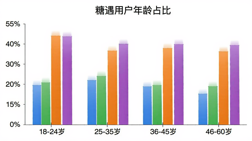 糖遇App用户年龄分布柱状图,图表标题为“糖遇用户年龄占比”,横轴为年龄段18-24岁、25-35岁、36-45岁、46-60岁,纵轴为百分比,柱状颜色分别为蓝色、绿色、橙色、紫色,背景白色,风格简洁数据可视化,画质干净无多余元素