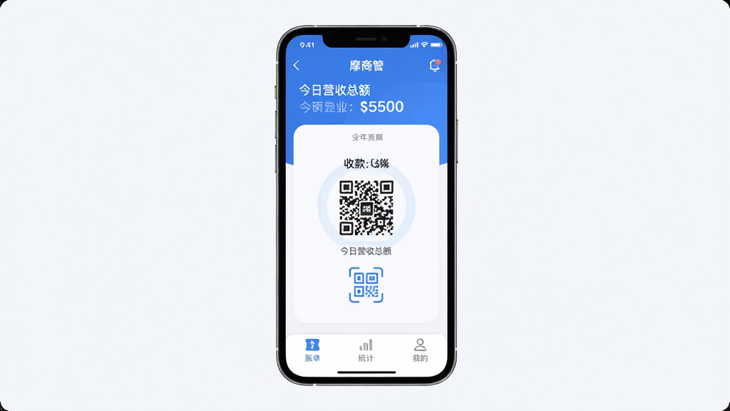 摩商管应用主界面全貌展示,画面中央是手机屏幕,屏幕内显示摩商管应用首页,顶部有店铺名称和今日营收总额,中间是收款码和扫码图标,底部菜单栏有账单、统计、我的三个选项,界面以蓝色和白色为主色调,风格现代扁平,布局清晰,细节圆润,画面干净,无多余元素,高画质