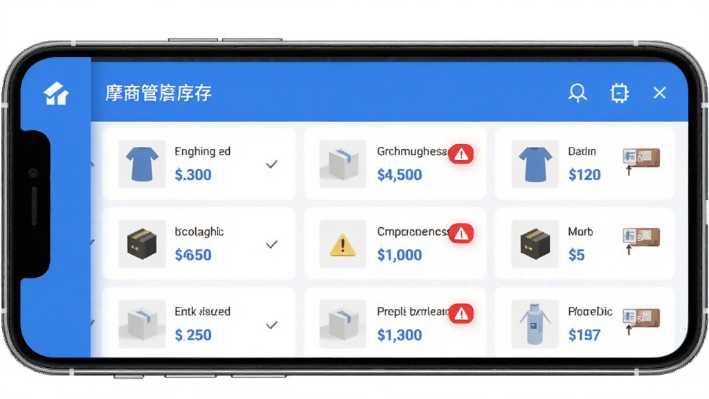 摩商管库存管理界面,手机屏幕显示商品列表,每个商品旁边有库存数量标签,其中几个商品显示红色预警标识,界面配色为蓝白,图标简洁,风格现代扁平,布局整齐,画质清晰,无多余元素