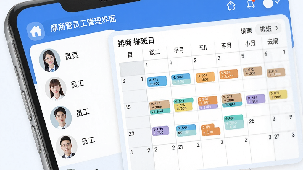 摩商管员工管理界面,手机屏幕显示员工头像列表和排班日历,日历上有不同颜色的班次标记,界面风格简洁商务,蓝白配色,布局清晰,图标圆润,画质干净,无多余装饰