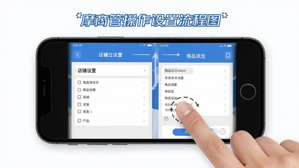 摩商管操作设置流程图,手机屏幕显示店铺设置和商品添加界面,画面中有手指点击屏幕的动作示意,背景简洁,风格教程类,蓝白配色,布局清晰,画质干净,无多余元素