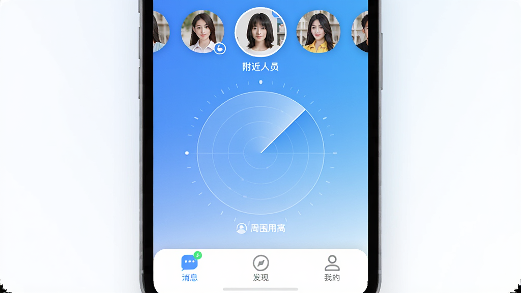 极近社交软件主界面展示,整体采用蓝白渐变色调,顶部显示附近的人头像轮播,中间是雷达扫描动画展示周围用户距离,底部有消息、发现、我的三个标签栏,界面干净清爽,图标圆润现代,风格简约扁平化,画质清晰,无多余元素