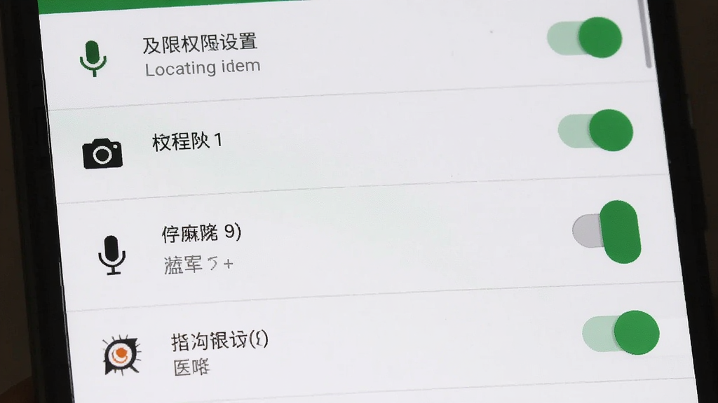 手机屏幕显示极近权限设置界面,包含定位、相机、麦克风、存储等权限开关,界面为安卓原生设置风格,白色背景,绿色开关按钮,文字清晰,布局整齐,画质干净无多余元素
